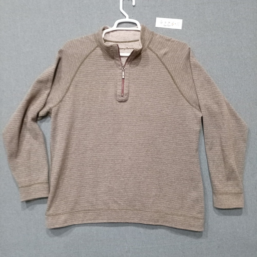 Tommy Bahama Mens XL Brown Striped Quarter Zip Pullover Marlin Logo Sweater